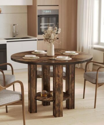 Tribesigns 39.4 inch Round Dining Table for 4, Wood Kitchen Table Large Dinner Table with Storage Shelf for Home Dining Room Living Room, Rustic Brown