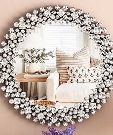 17.71in Modern Glam Crystal-Encrusted Round Wall Mirror - Decorative Accent Mirror for Living Room & Entryway