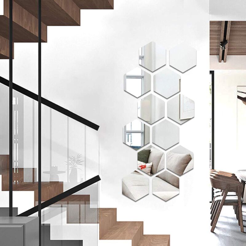 12 Pieces Acrylic Mirror Adhesive Wall Sticker Wall Mirrors Decals Living Room Bedroom Decor 17.7 cm x 15.3 cm (Hexagon, Silver) NPTERBL - Image 2