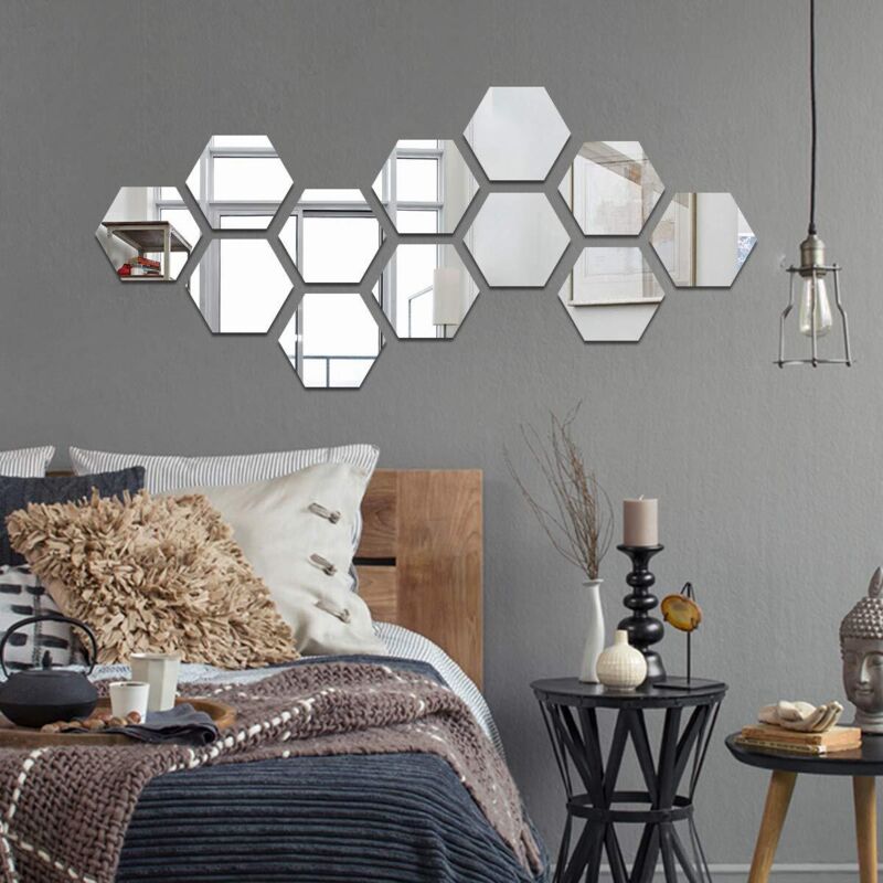 12 Pieces Acrylic Mirror Adhesive Wall Sticker Wall Mirrors Decals Living Room Bedroom Decor 17.7 cm x 15.3 cm (Hexagon, Silver) NPTERBL - Image 3