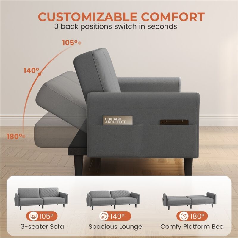 Yaheetech Convertible Sofa Bed, Fabric 3-Seater Sofa Bed for Limited Space Dark Grey - Image 3
