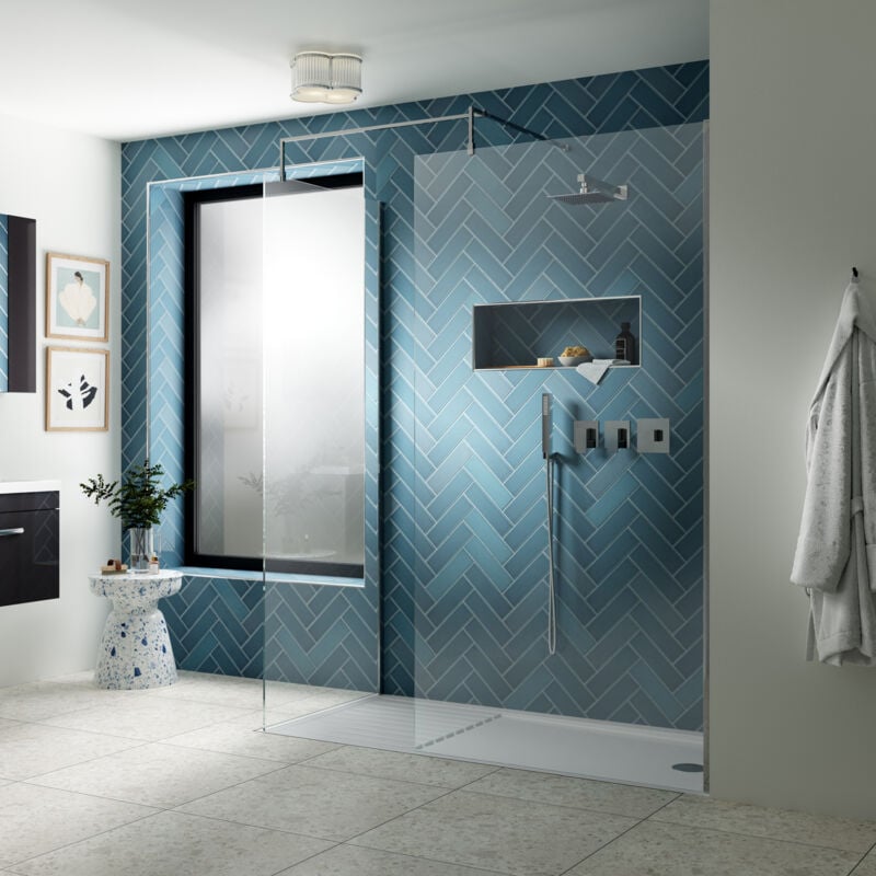 Nuie Wet Room Screen 1850mm High x 700mm Wide with Support Bar 8mm Glass - Chrome - Image 3