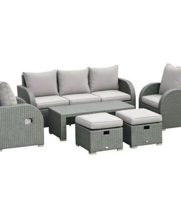 Outsunny 6pc Padded Outdoor Rattan Wicker 3-Seat Sofa Recliner Footstool Table Light Grey
