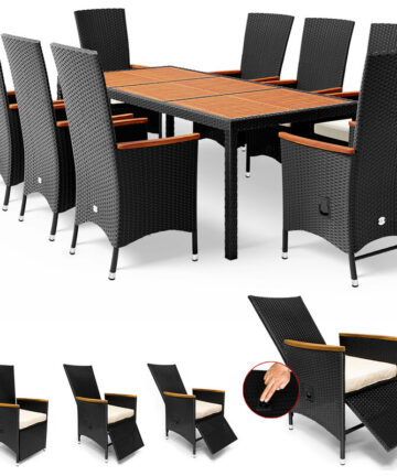 Rattan Garden Furniture Dining Table and Chairs Set Black 8 Seater Rectangular Cube Tiltable Chairs Outdoor Patio Conservatory Seat Cushions