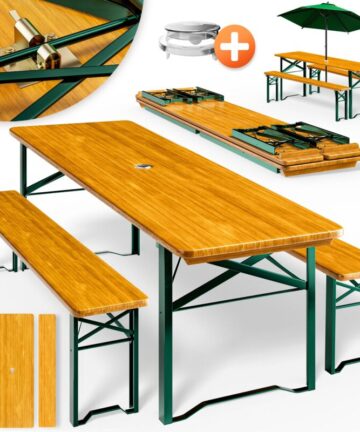 CASARIAÂ® Folding Garden Picnic Table & Bench Set 170cm Beer Table 3 Piece Foldable, Stable Wood And Metal Trestle Outdoor Patio BBQ Camping Dining Furniture W/Parasol Hole