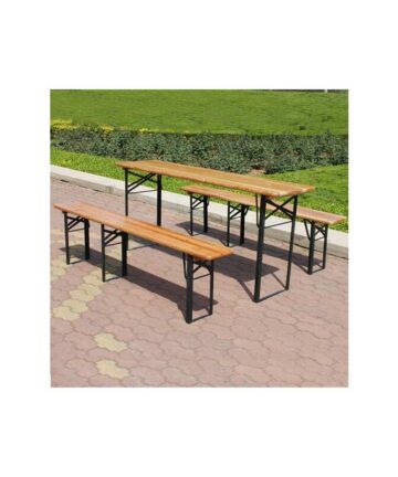 BIRCHTREE Outdoor Wooden Folding Beer Table Bench Set Trestle Garden Steel Leg 176cm