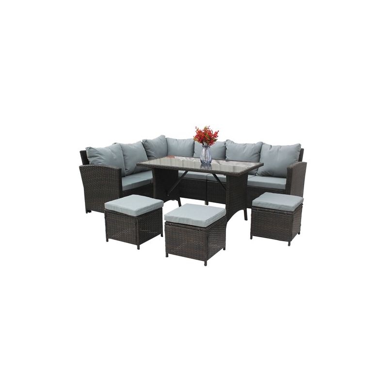 BIRCHTREE Rattan Furniture Set Sofa Chair Foot Stool Table Glass Coffee Table 9 Seater Cushion Outdoor Patio Brown - Image 2