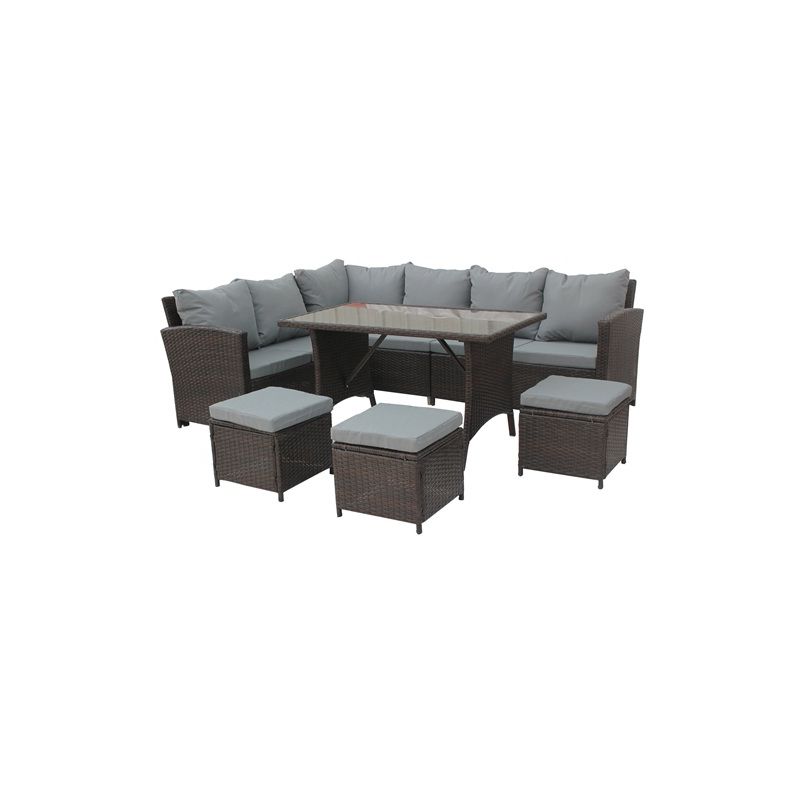 BIRCHTREE Rattan Furniture Set Sofa Chair Foot Stool Table Glass Coffee Table 9 Seater Cushion Outdoor Patio Brown - Image 4