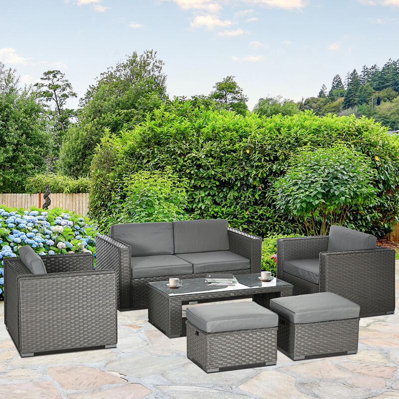Outsunny 6pc Garden Furniture Set Rattan Sofa Outdoor Wicker Table Ottoman Stool - Image 3