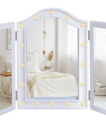 HOMCOM Lighted Tri-Fold Vanity Mirror Large Cosmetic Mirror w/ LED Lights White