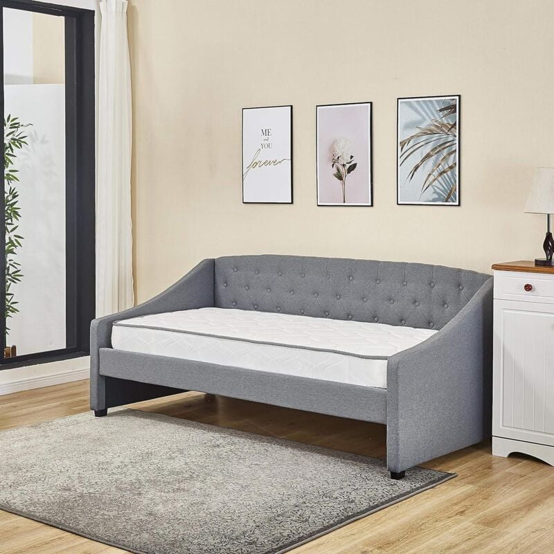 Daybed with Trundle Grey 3ft Single Fabric Tufted Wooden Bedroom - Image 2