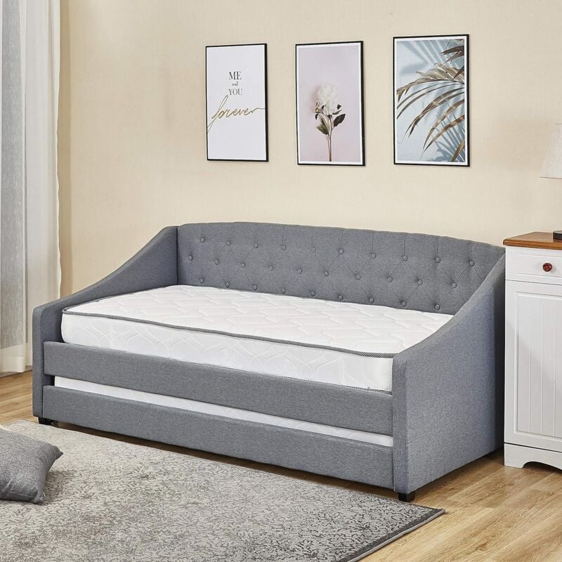 Daybed with Trundle Grey 3ft Single Fabric Tufted Wooden Bedroom - Image 4