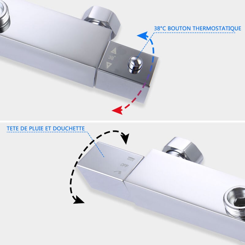 AICA Thermostatic Exposed Shower Mixer Bathroom Twin Head Large Square Bar Set Chrome - Image 2