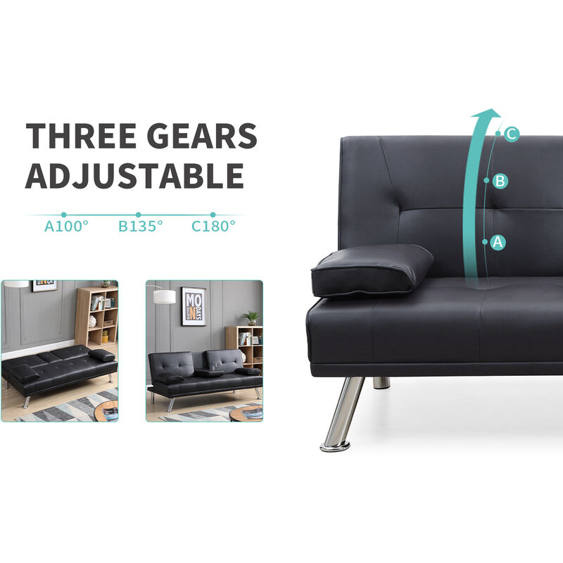 ELEGANT Black Sofa Bed 3 Seater Adjustable 3 Inclining Positions with Drink Cup Holder Luxury Sofabed Sofa Chairs for Living Room - Image 3