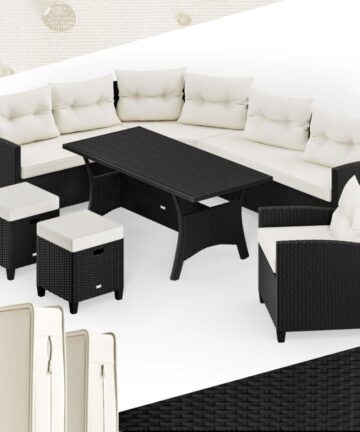 Casaria Poly Rattan Garden Furniture WPC Dining Table Set Outdoor Patio Conservatory Corner Sofa Wicker Lounge 9 Seater Black Cream w/ Cushion Foot Stool