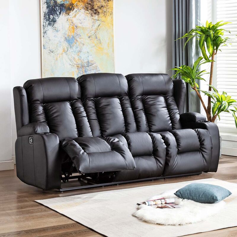CAESAR HIGH BACK MANUAL BOND GRADE LEATHER RECLINER 3+2+1 SUITE SOFA ARMCHAIR SET BLACK 3 SEATER - Image 2