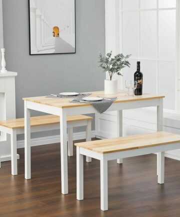 Dining Furniture Sets Set of 2 Bench with Dining Table Steel Wood, White