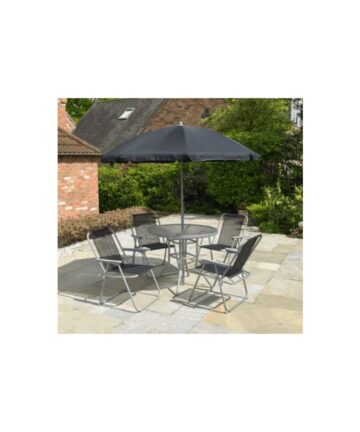 Garden Furniture Folding Patio Set Round Glass Table 4 Chairs 160 cm Parasol Durable Steel Polyester Design 6 chairs