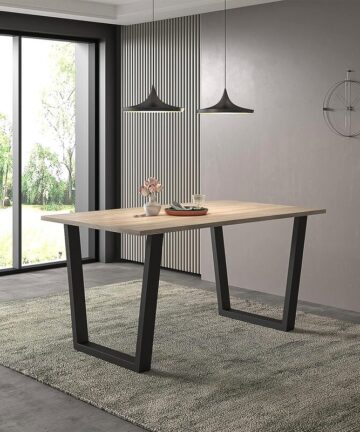Hallowood Furniture Dudley Large Dining Table with Metal Legs, Industrial Style Light Oak Dining Table with Black U-Shaped Legs for Home or Offices, Seats 4-6 People (150cm)