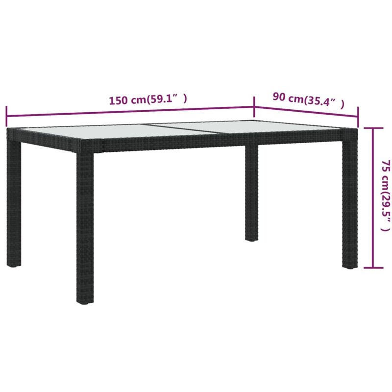 Garden Table 150x90x75 cm Tempered Glass and Poly Rattan Black vidaXL - Image 3