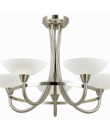 Endon Cagney - 5 Light Semi Flush Multi Arm Ceiling Light Satin Chrome, White Painted Glass with Faint Line Pattern, G9