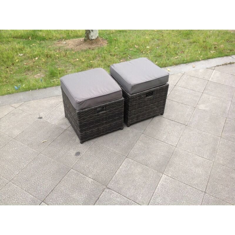Fimous 2 PC Rattan Small Footstool Outdoor Garden Furniture Patio Furniture Dark Grey Mixed - Image 2