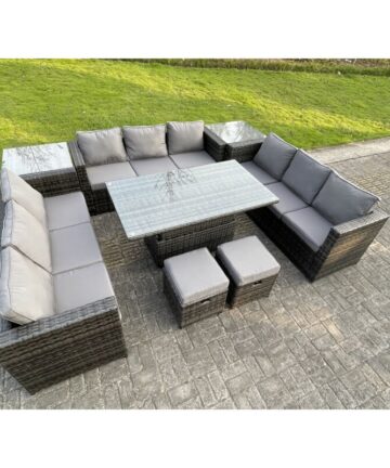 Fimous U Shape Rattan Gardern Furniture Dining Sofa Set Adjustable Rising Dining Table With 2 Side Coffee Table Extra 2 Stool