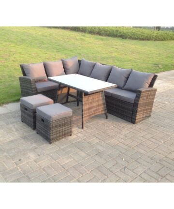 Fimous High Back Rattan Corner Sofa Set Dining Table Outdoor Furniture Dark Grey Mixed Left Option