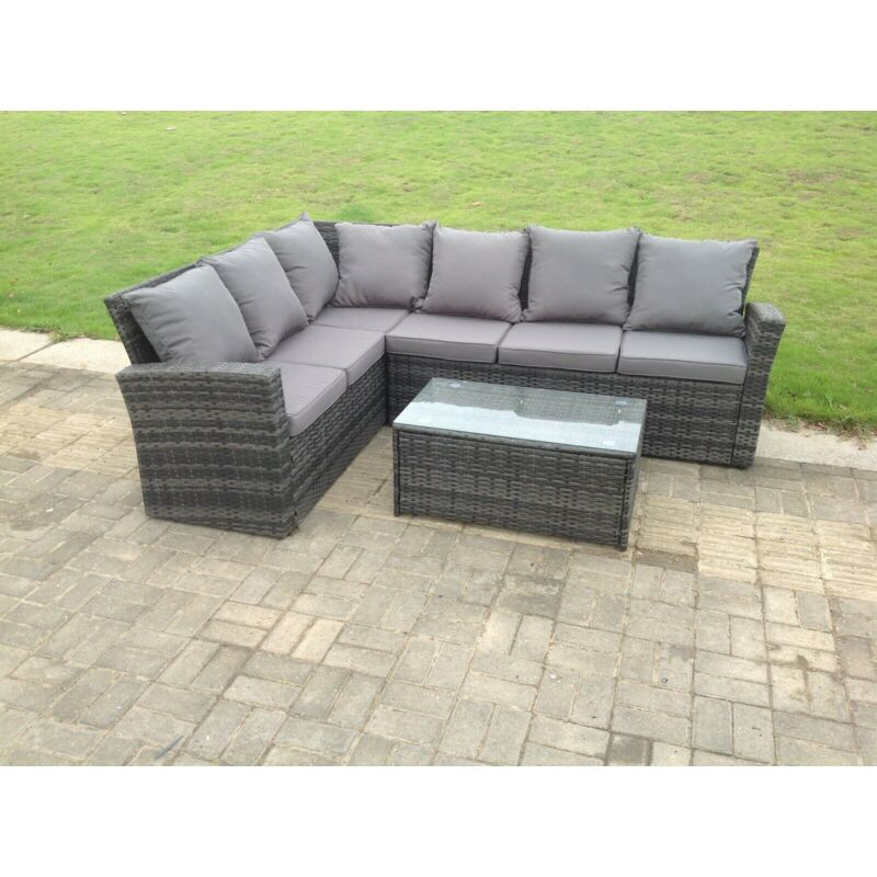 Fimous High Back Rattan Corner Sofa Set Oblong Coffee Table Outdoor Furniture dark Grey Left Option - Image 2