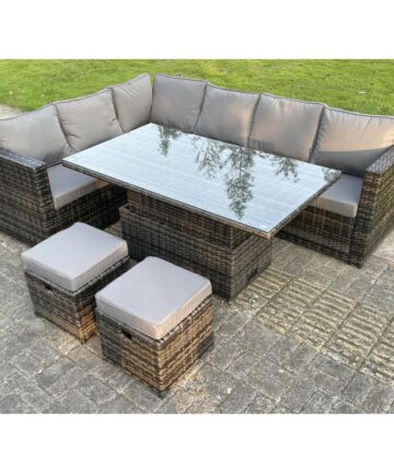 Fimous 8 Seat Dark Mixed Grey Rattan Garden Furniture Corner Sofa Set Adjustable Dining Or Coffee Table Left Side
