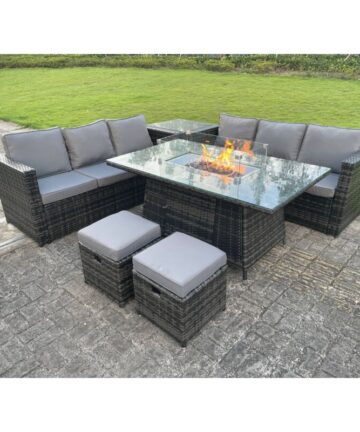 Fimous 8 Seater Outdoor Rattan Garden Furniture Gas Fire Pit Table Sets Gas Heater Lounge Dark Grey Footstool