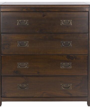 Chest of 4 Drawers Solid Pine Dark Wood Dresser Metal Handles Lacquered Finish
