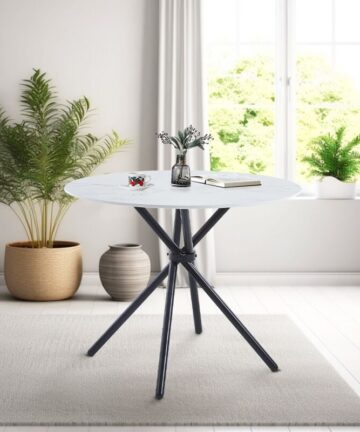 Hallowood Furniture Cullompton Small Marble Effect Top White Dining Table with Black Cross Metal Legs, Modern Round Table for Dining Rooms, Kitchens (90cm)