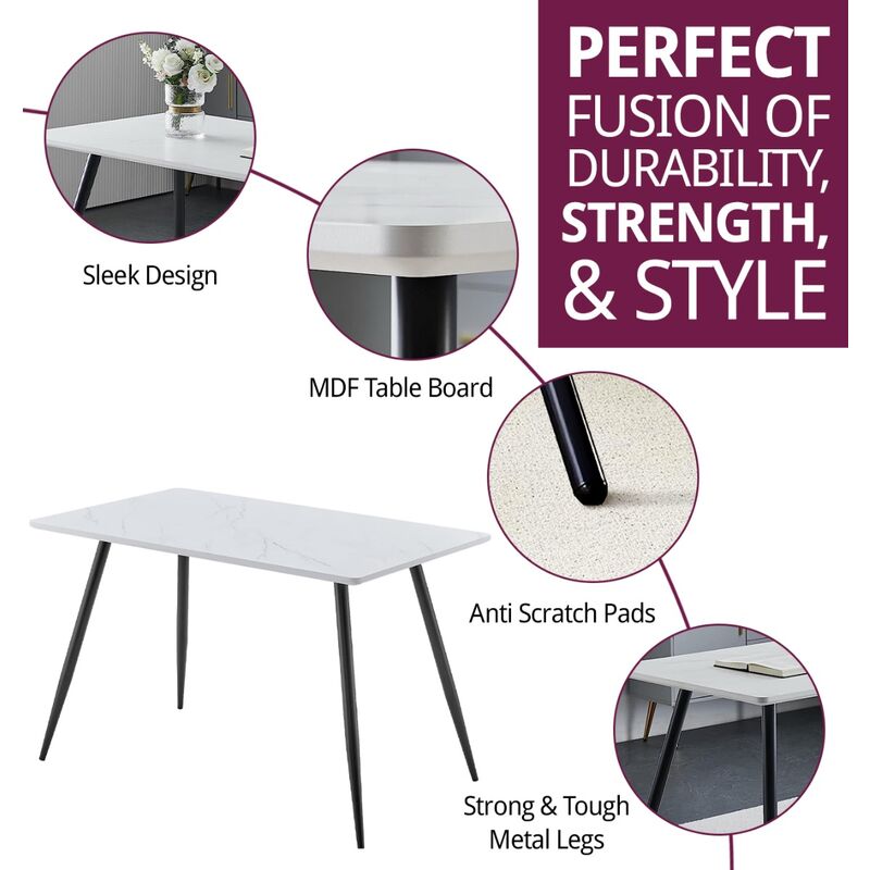 Hallowood Furniture Cullompton Rectangular Marble Effect Top White Dining Table with Black Metal Legs, 4-6 Seater Small Marble Table for Dining rooms, Kitchens, or CafÃes - Image 2