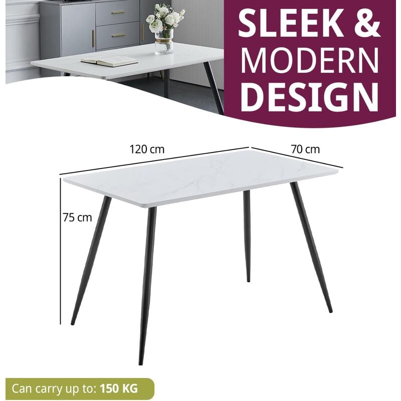 Hallowood Furniture Cullompton Rectangular Marble Effect Top White Dining Table with Black Metal Legs, 4-6 Seater Small Marble Table for Dining rooms, Kitchens, or CafÃes - Image 3