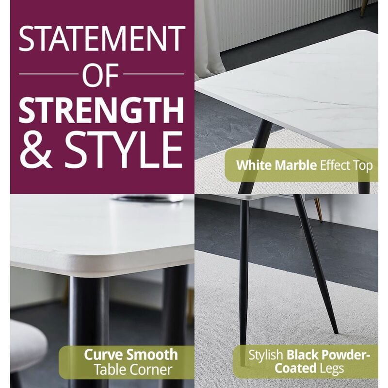 Hallowood Furniture Cullompton Rectangular Marble Effect Top White Dining Table with Black Metal Legs, 4-6 Seater Small Marble Table for Dining rooms, Kitchens, or CafÃes - Image 4