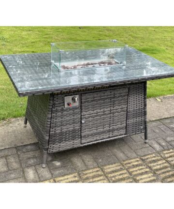 Fimous Dark Grey Rattan Fire Pit Table Dining Table Gas Heater Garden Furniture Accessory Patio With Clear Tempered Glass