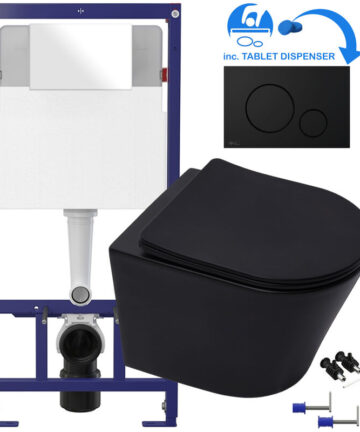 Matt Black Rimless ECO Wall Hung Toilet Pan, Seat & 1.12m Concealed WC 3-in-1 Cistern Frame inc. Flush Plate