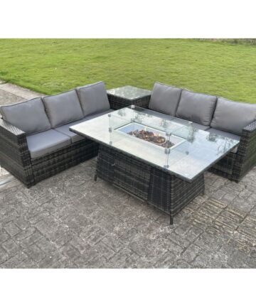 Fimous Outdoor Rattan Garden Corner Furniture Gas Fire Pit Table Dining Sets Gas Heater Burner Lounge Dark Grey 6 Seater