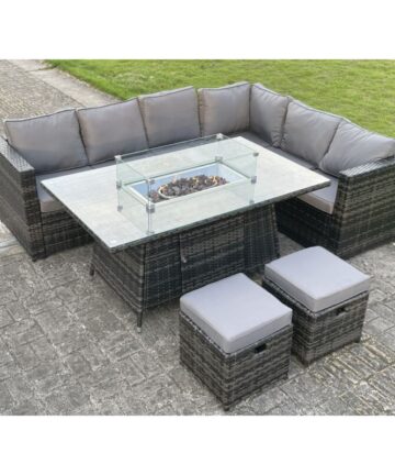 Fimous Outdoor Rattan Garden Corner Furniture Gas Fire Pit Table Sets Gas Heater Lounge Small Footstools Dark Grey Mixed 8 Seater