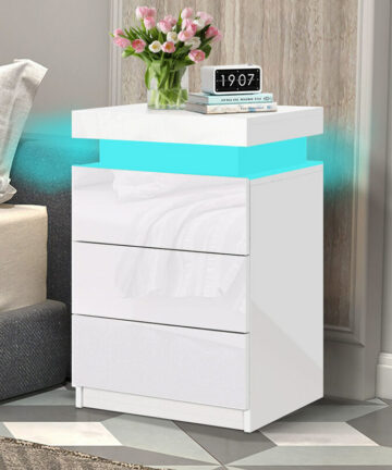 ELFORDSON Bedside Table RGB LED Nightstand 3 Drawers 4 Side High Gloss White