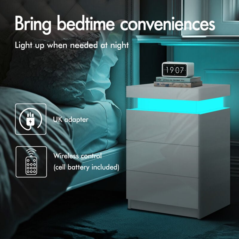 ELFORDSON Bedside Table RGB LED Nightstand 3 Drawers 4 Side High Gloss White - Image 2