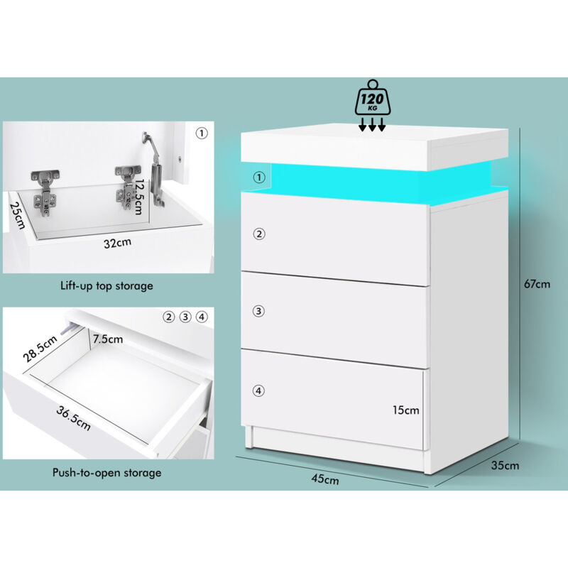 ELFORDSON Bedside Table RGB LED Nightstand 3 Drawers 4 Side High Gloss White - Image 4