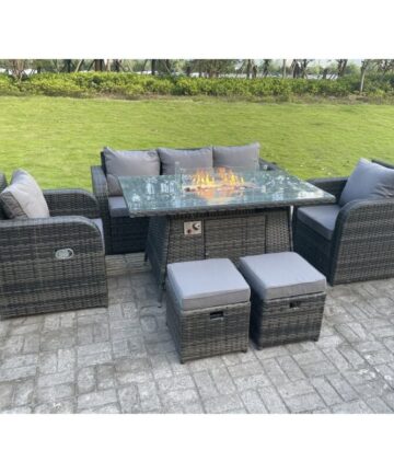 Fimous Dark Mixed Grey Rattan Outdoor Garden Furniture Set Gas Fire Pit Table Gas Heater Dining Table Sets Lounge Sofa Recling Chairs Footstools 7 Seater