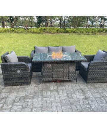 Fimous Dark Mixed Grey Rattan Outdoor Garden Furniture Gas Fire Pit Table Gas Heater Sets Lounge Sofa Reclining Adjustable Chairs 5 Seater