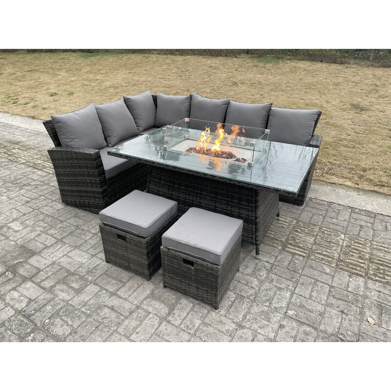 Fimous High Back Rattan Garden Furniture Sets Gas Fire Pit Dining Table Set Gas Heater Left Corner Sofa Small Footstools 8 Seater - Image 3