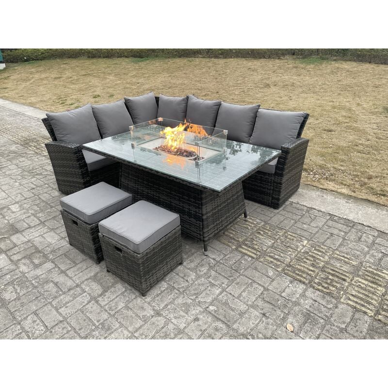 Fimous High Back Rattan Garden Furniture Sets Gas Fire Pit Dining Table Set Gas Heater Left Corner Sofa Small Footstools 8 Seater - Image 4