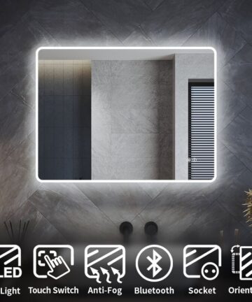 ELEGANT Bathroom LED Mirror 800 x 600 mm Acrylic Framed Bluetooth Bathroom Mirror with Shaver Socket, Demister Pad, Hook, Adjustable Brightness, Horizontal/Vertical
