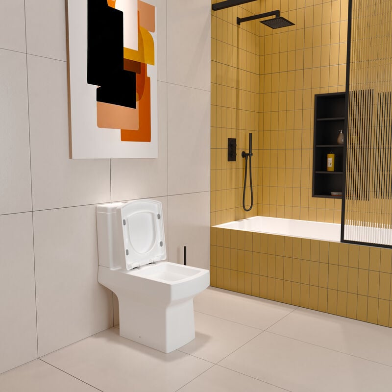 Close Coupled Toilet White Ceramic Square Modern Bathroom Pan & Seat WC Bathroom - Image 2