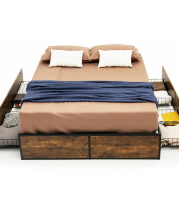COSTWAY Double Metal Bed Frame with 4 Underbed Storage Drawers Rustic Brown